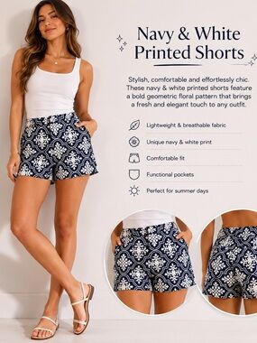J. Crew Navy and White Tile-Print High Waist Shorts